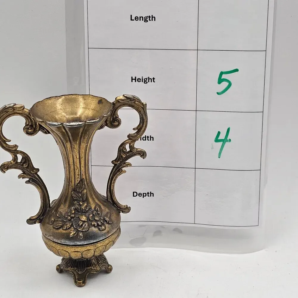 Vintage Italian Metal Bud Vase Gold Tone Ornate Floral Relief Scrolled Handles